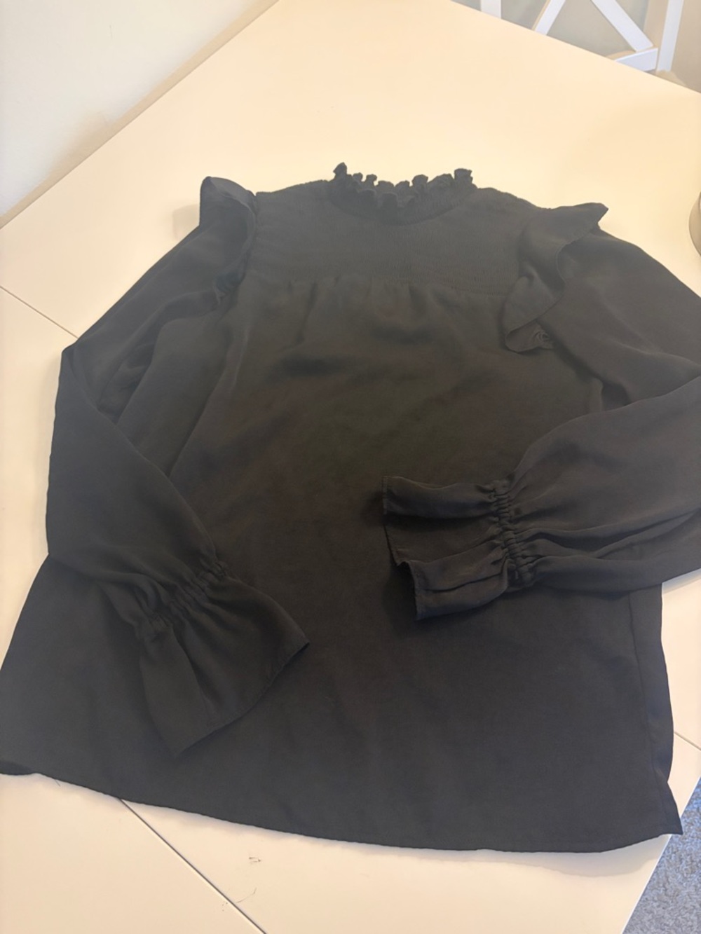 Banana Republic Smocked Mock Neck Black Ruffle Top